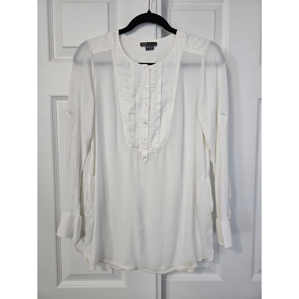Vince Ivory Rayon Linen Bib Front Button Tunic Blouse Roll Tab Sleeve Medium